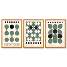 Set of 3 Bauhaus Mid Century Modern Green Framed Wall Art with Oak Wooden Frames
