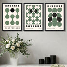 Set of 3 Bauhaus Mid Century Modern Green Art Prints in Oak Frames | Artze UK