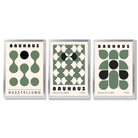 Set of 3 Bauhaus Mid Century Modern Green Framed Wall Art with Silver Wood Frames