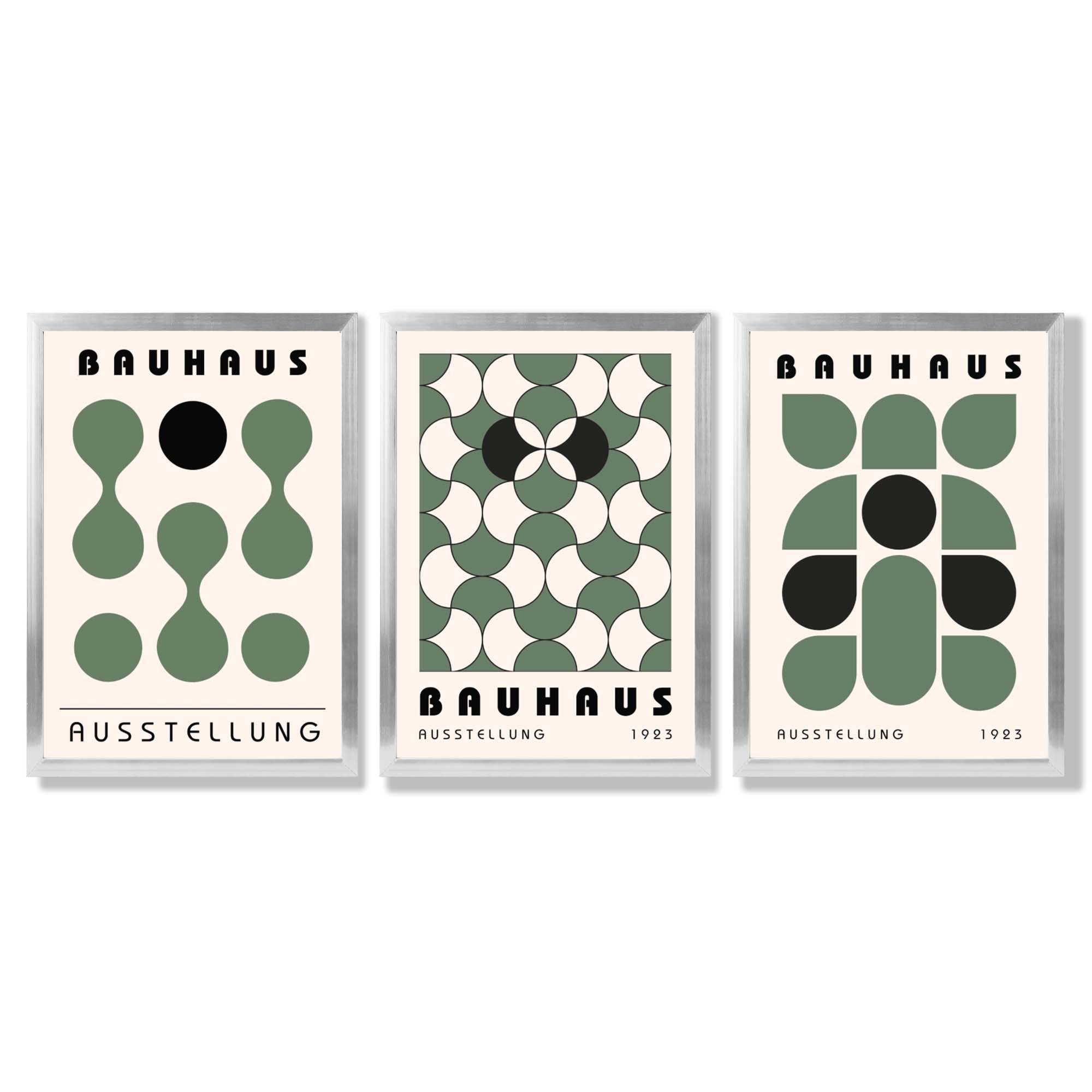 Set of 3 Bauhaus Mid Century Modern Green Framed Wall Art with Silver Wood Frames