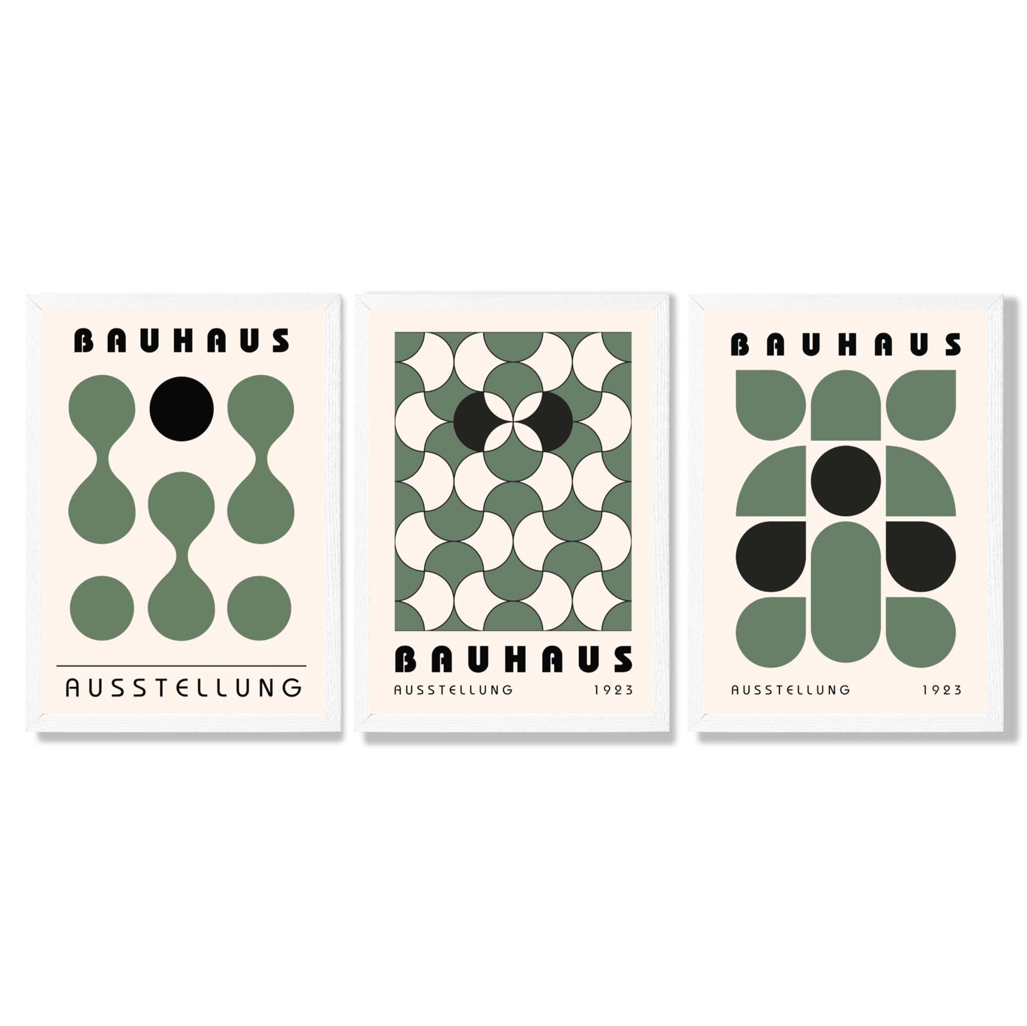 Set of 3 Bauhaus Mid Century Modern Green Framed Wall Art with White Wooden Frames