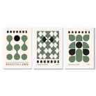 Set of 3 Bauhaus Mid Century Modern Green Framed Wall Art with White Wooden Frames