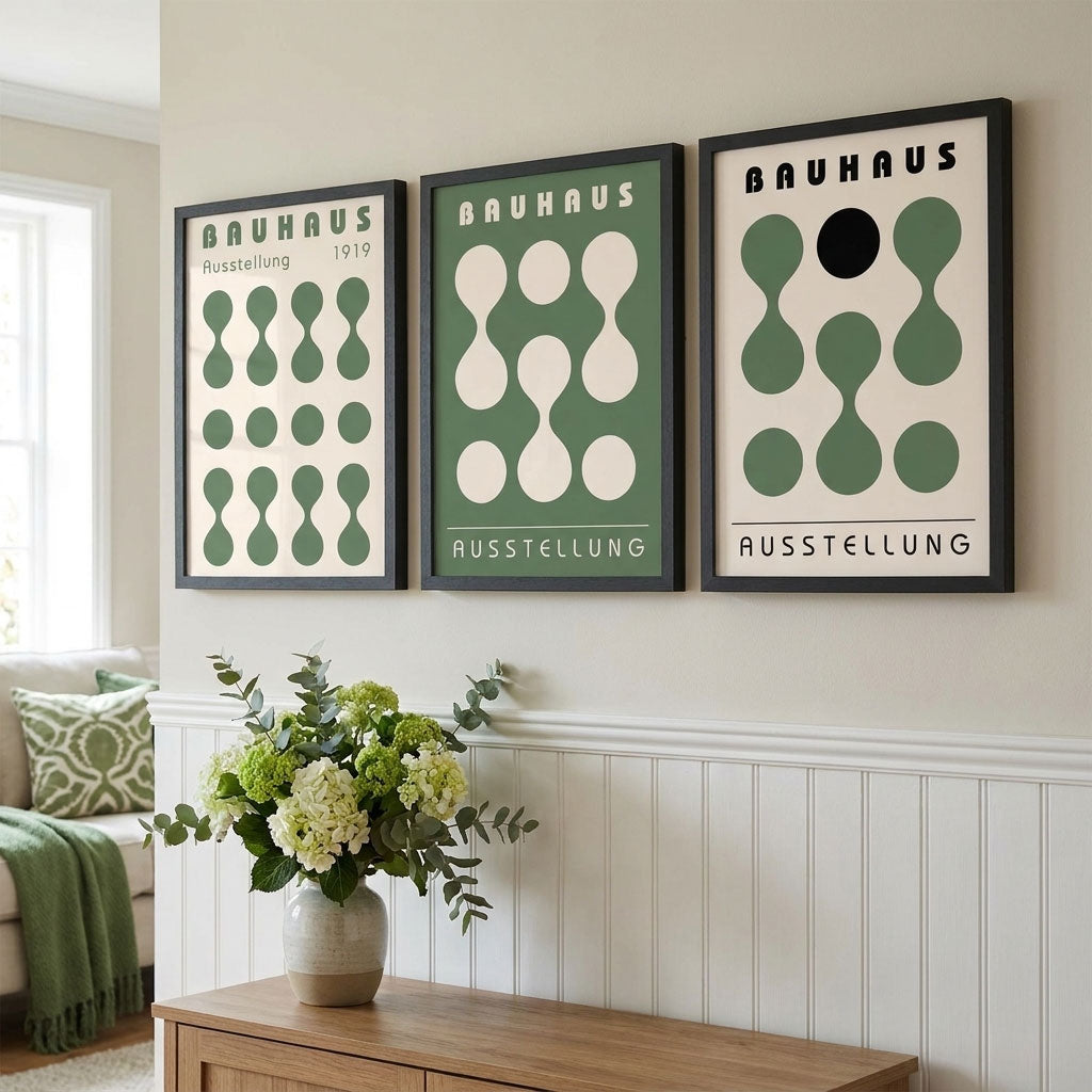 Set of 3 Bauhaus Modern Organic Green Framed Wall Art with Black Wooden Frames