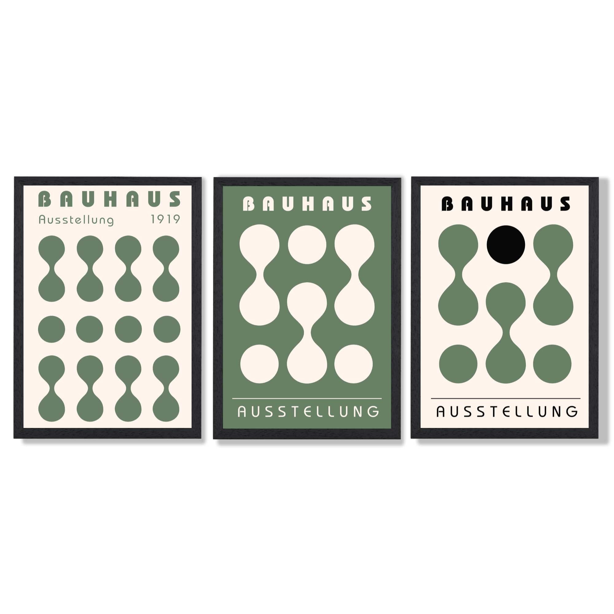 Set of 3 Bauhaus Modern Organic Green Framed Wall Art with Black Wooden Frames