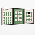 Set of 3 Bauhaus Modern Organic Green Canvas Prints with Black Float Frame