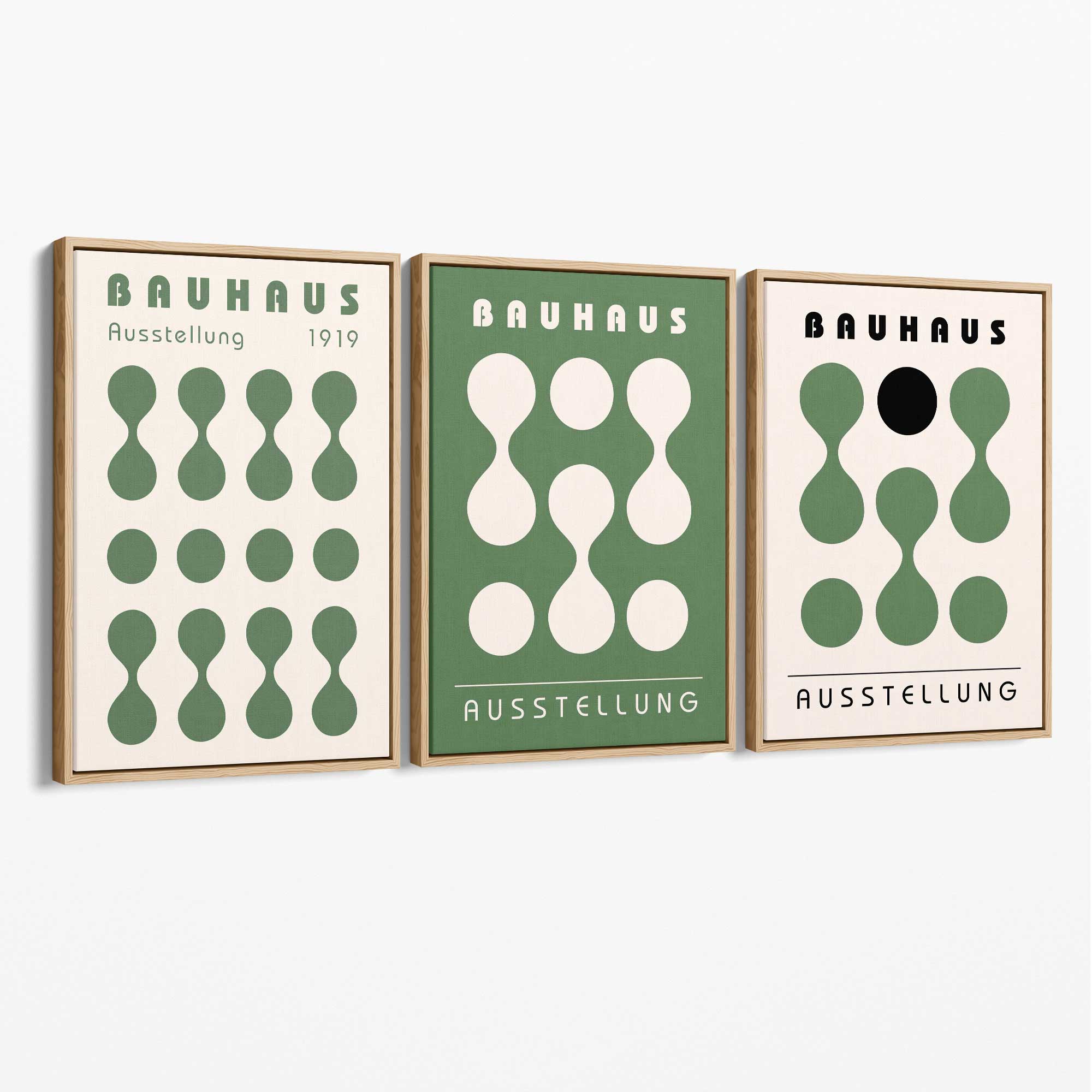 Set of 3 Bauhaus Modern Organic Green Canvas Prints with Oak Float Frame