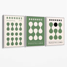 Set of 3 Bauhaus Modern Organic Green Canvas Prints with White Float Frame