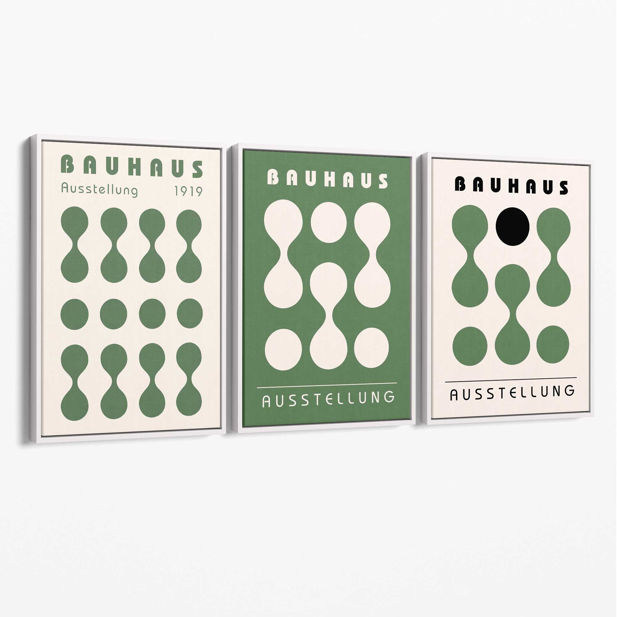 Set of 3 Bauhaus Modern Organic Green Canvas Prints with White Float Frame