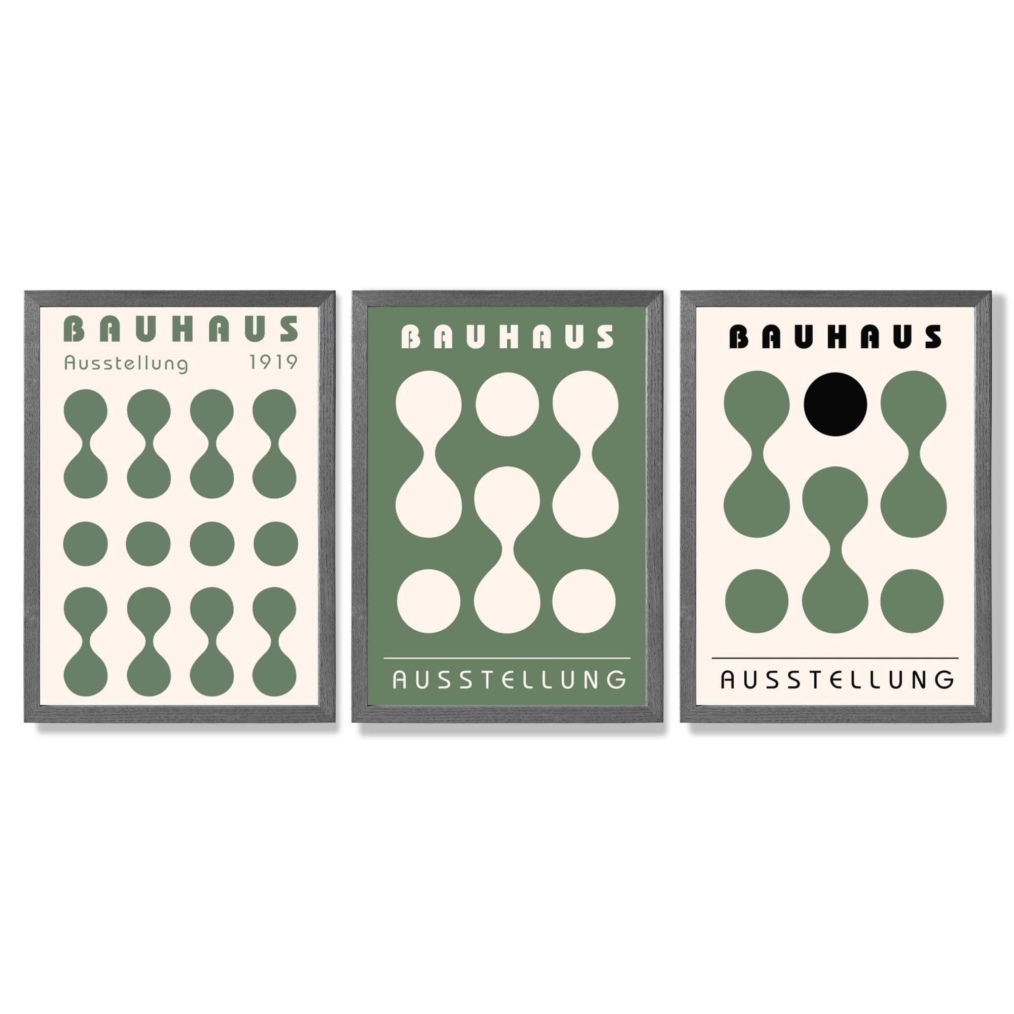 Set of 3 Bauhaus Modern Organic Green Framed Wall Art with Dark Grey Wooden Frames