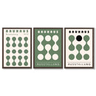 Set of 3 Bauhaus Modern Organic Green Framed Wall Art with Dark Wood Frames
