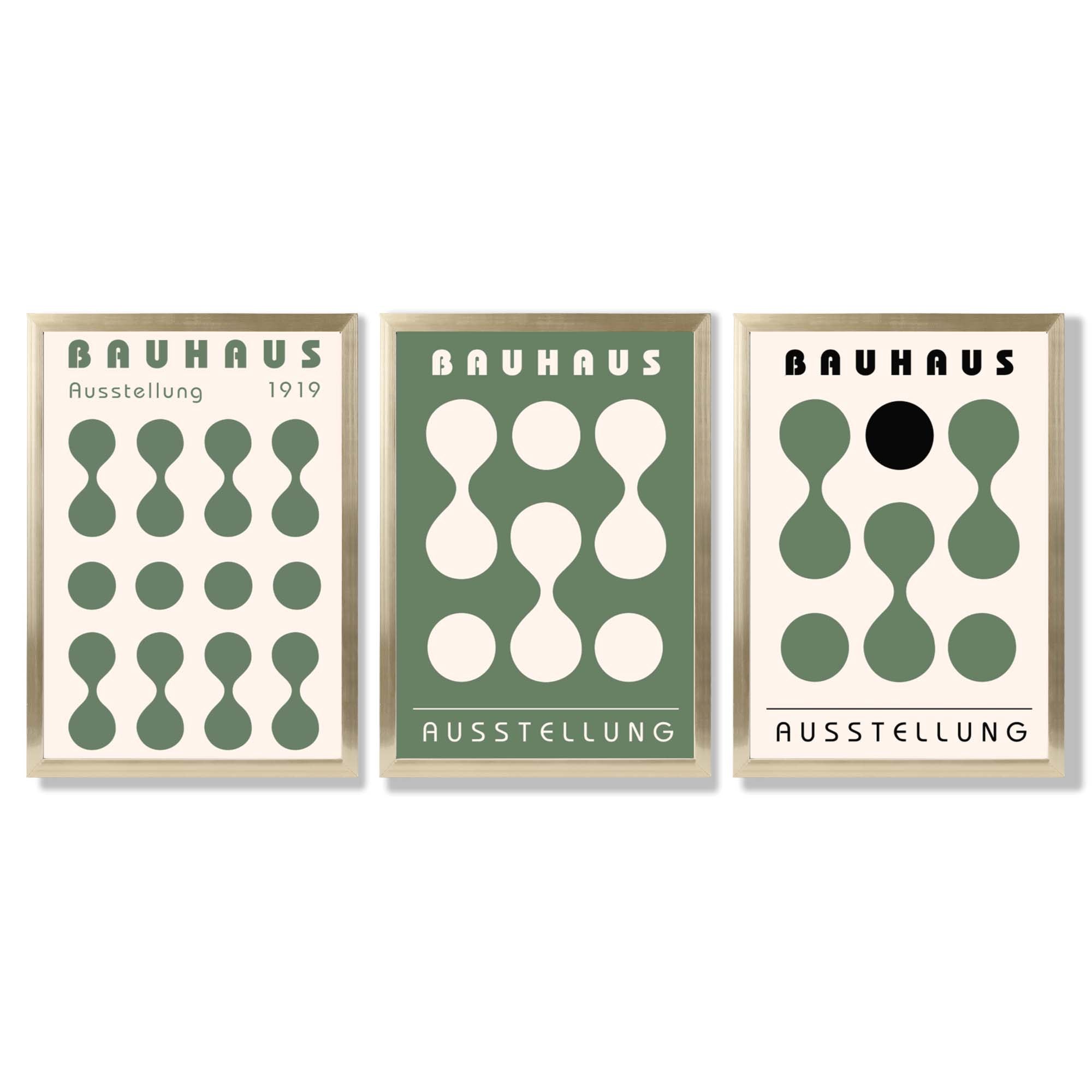 Set of 3 Bauhaus Modern Organic Green Framed Wall Art with Gold Wood Frames