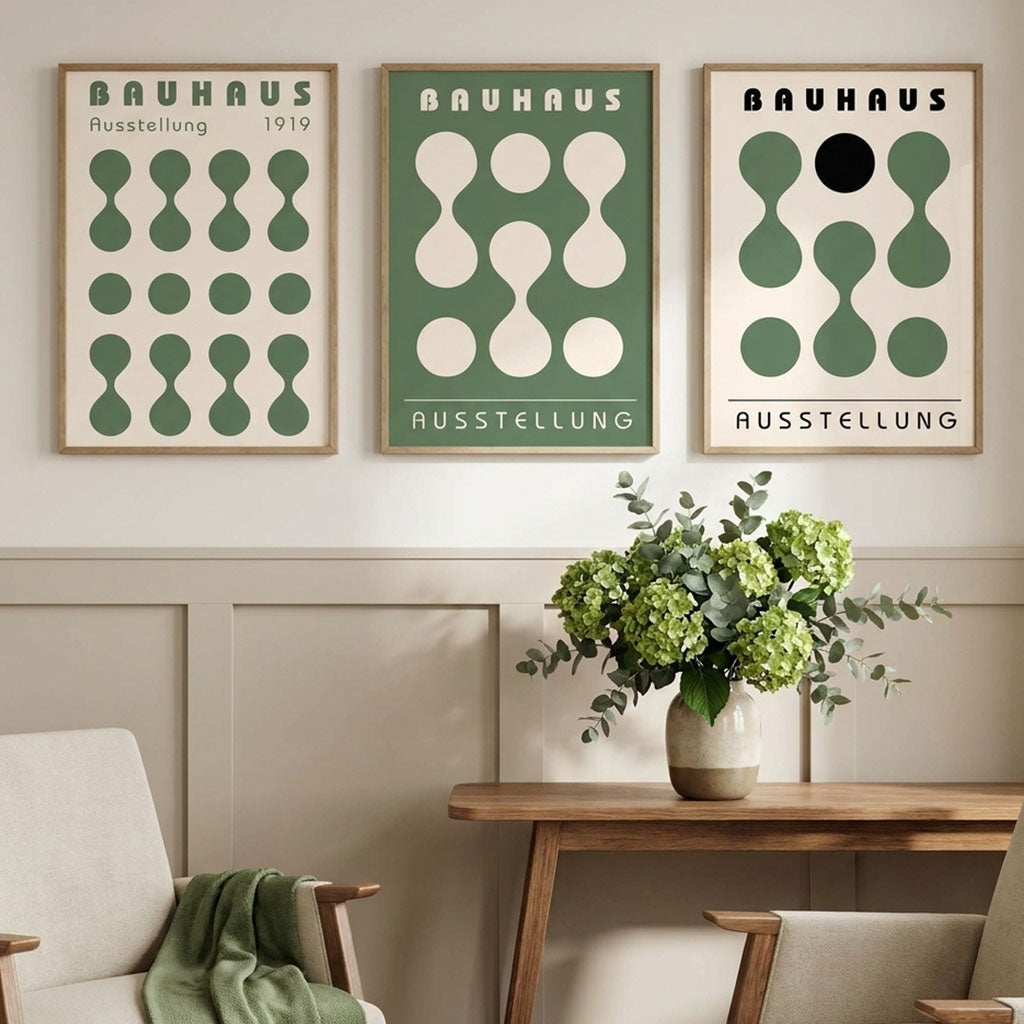 Set of 3 Bauhaus Modern Organic Green Art Prints in Black Frames | Artze UK