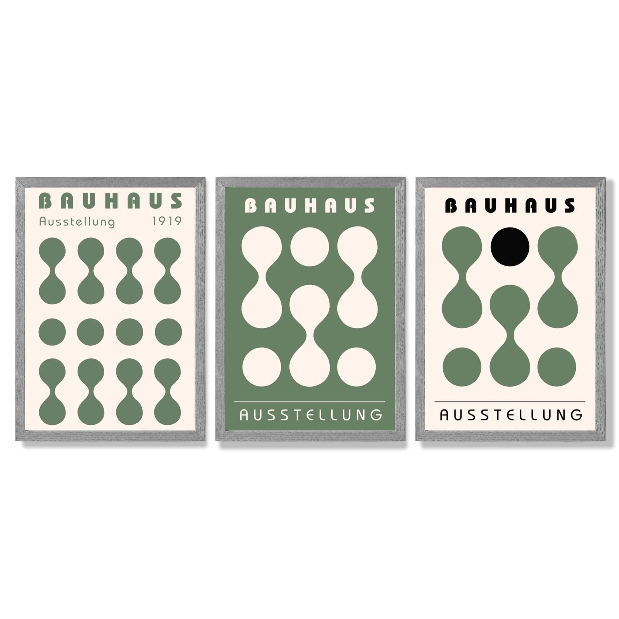 Set of 3 Bauhaus Modern Organic Green Framed Wall Art with Light Grey Wooden Frames
