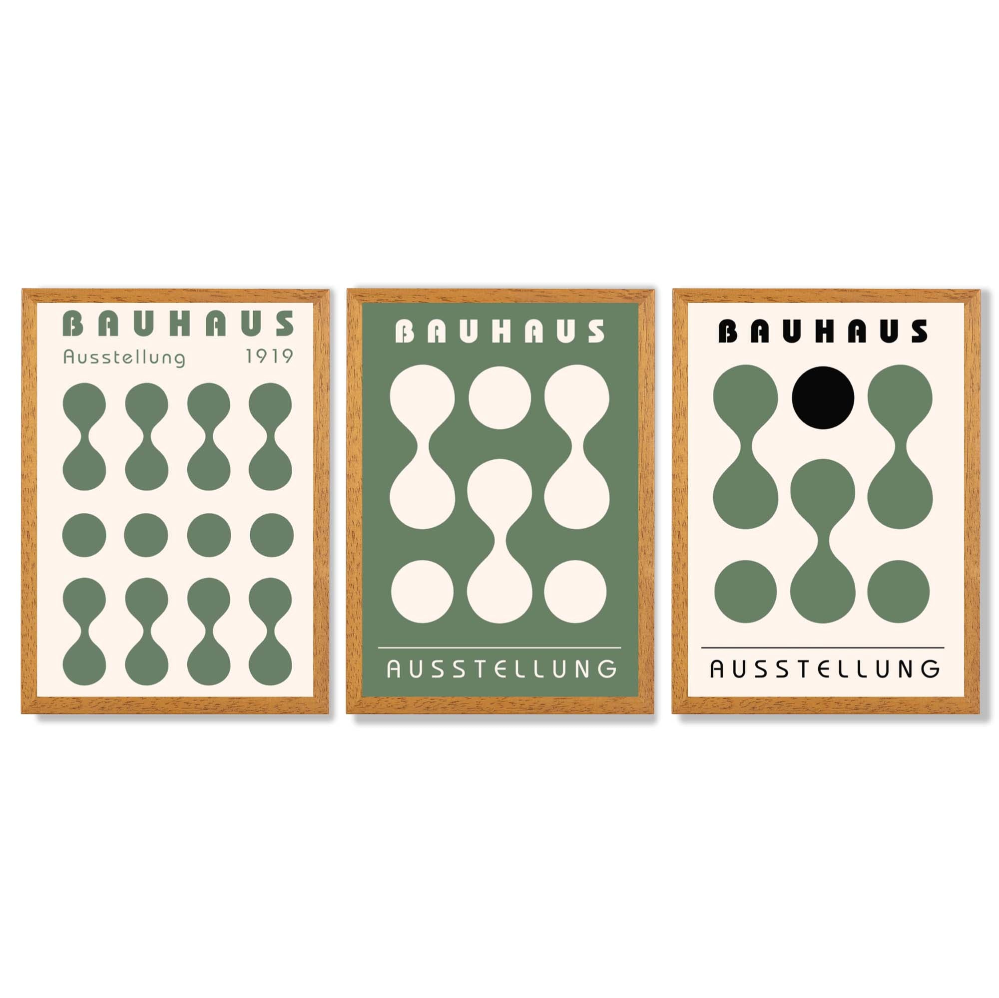 Set of 3 Bauhaus Modern Organic Green Framed Wall Art with Oak Wooden Frames