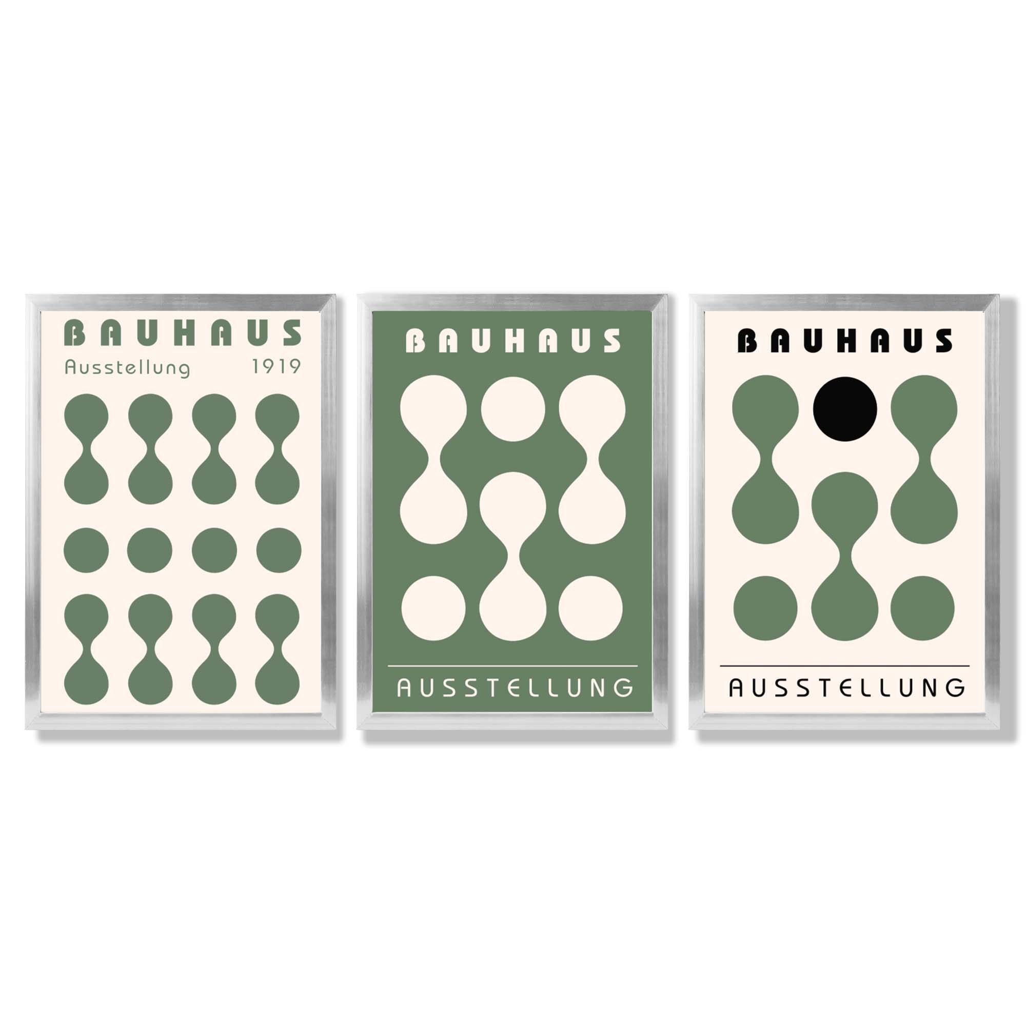 Set of 3 Bauhaus Modern Organic Green Framed Wall Art with Silver Wood Frames