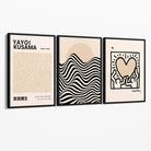 Set of 3 Beige Bauhaus, Yayoi Kusama and Keith Haring Modern Canvas Prints with Black Float Frame