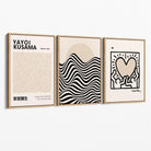Set of 3 Beige Bauhaus, Yayoi Kusama and Keith Haring Modern Canvas Prints with Oak Float Frame