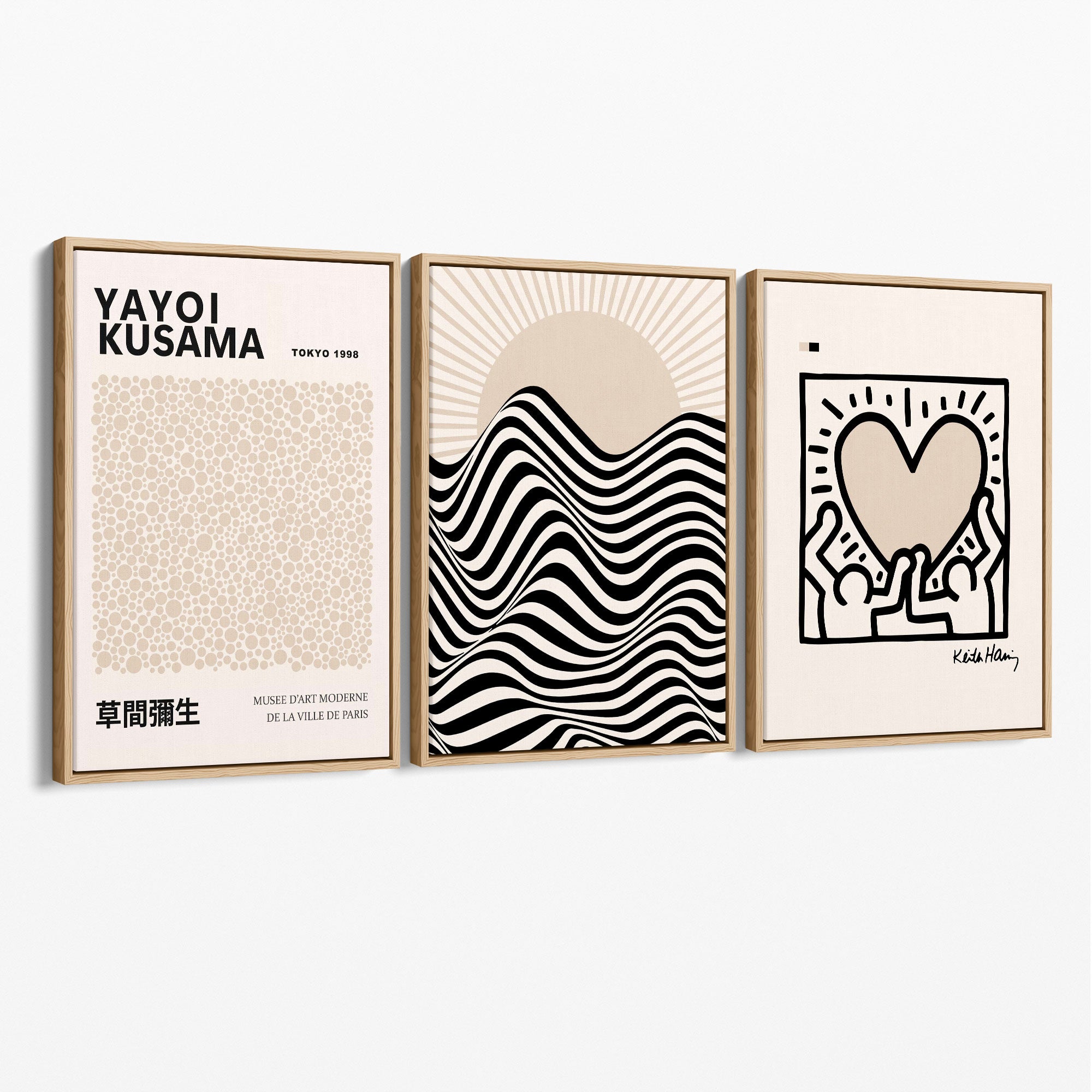 Set of 3 Beige Bauhaus, Yayoi Kusama and Keith Haring Modern Canvas Prints with Oak Float Frame