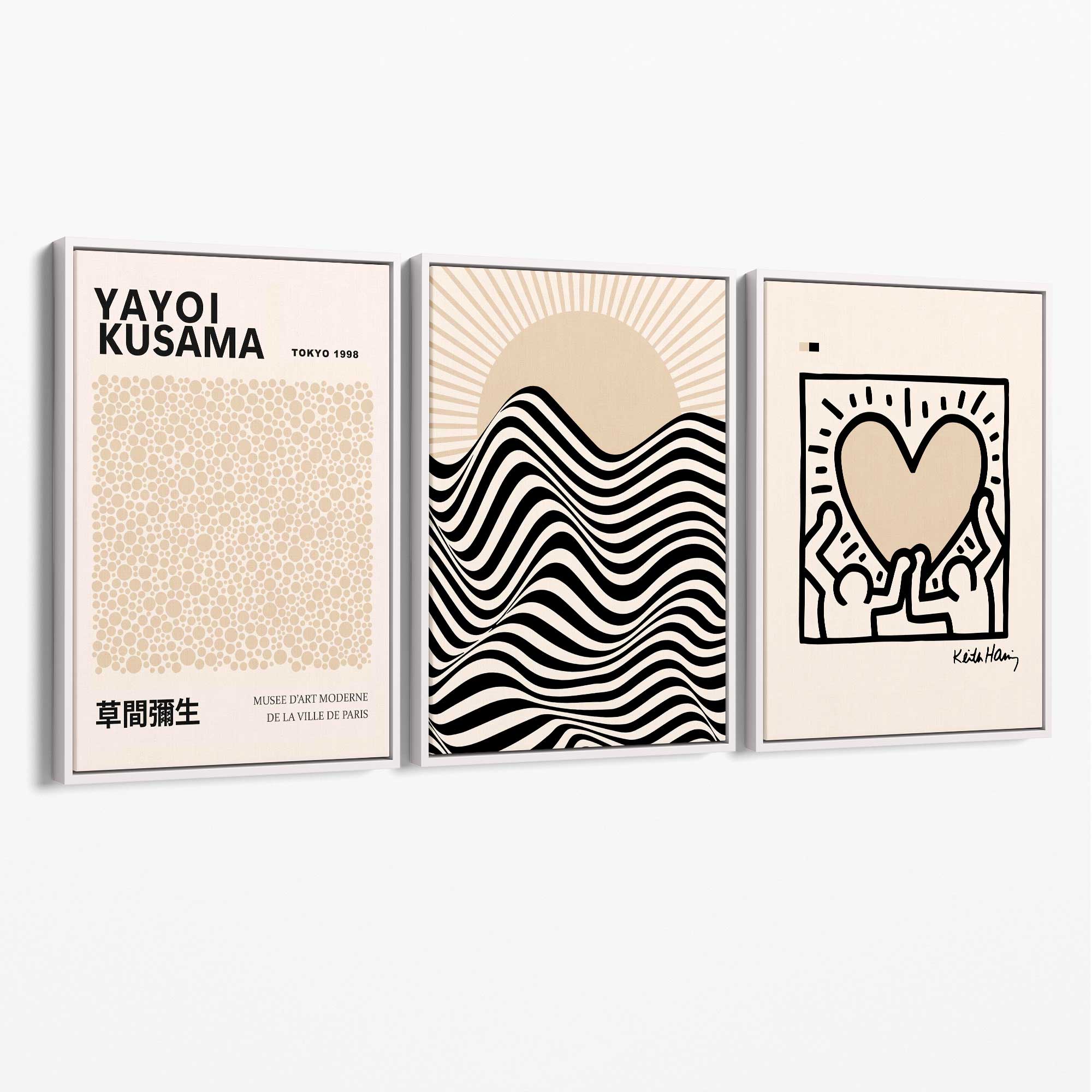 Set of 3 Beige Bauhaus, Yayoi Kusama and Keith Haring Modern Canvas Prints with White Float Frame