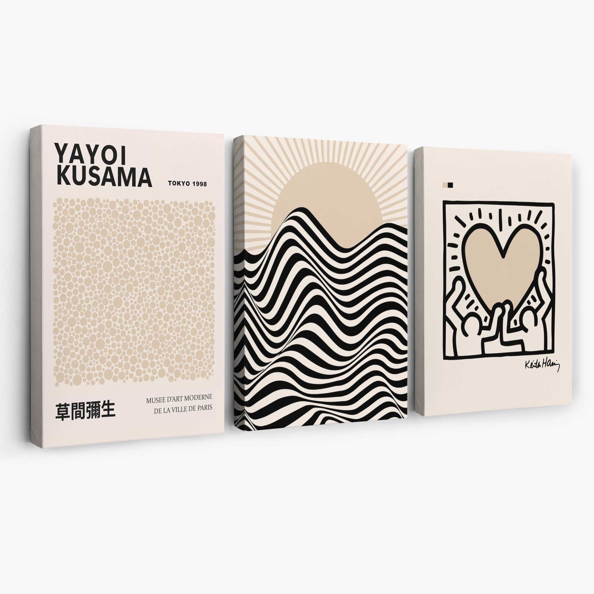Set of 3 Beige Bauhaus, Yayoi Kusama and Keith Haring Modern Canvas Prints | Artze Wall Art
