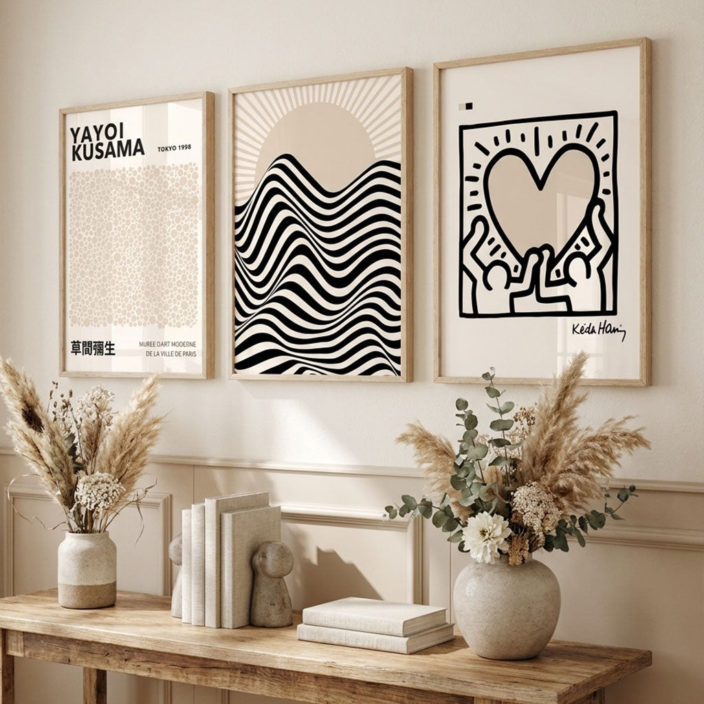 Set of 3 Beige Bauhaus, Yayoi Kusama and Keith Haring Modern Art Prints in Black Frames | Artze UK