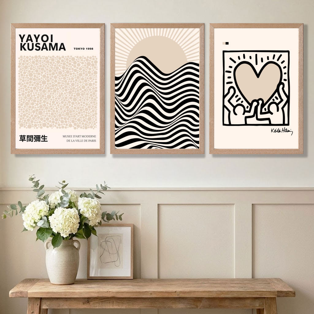 Set of 3 Beige Bauhaus, Yayoi Kusama and Keith Haring Modern Art Prints in White Frames | Artze UK