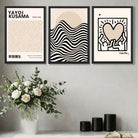 Set of 3 Beige Bauhaus, Yayoi Kusama and Keith Haring Modern Art Prints in Oak Frames | Artze UK