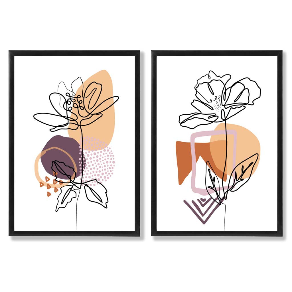 Line Art Tulips with Purple Orange Shapes Set of 2 Art Prints with Black Frame
