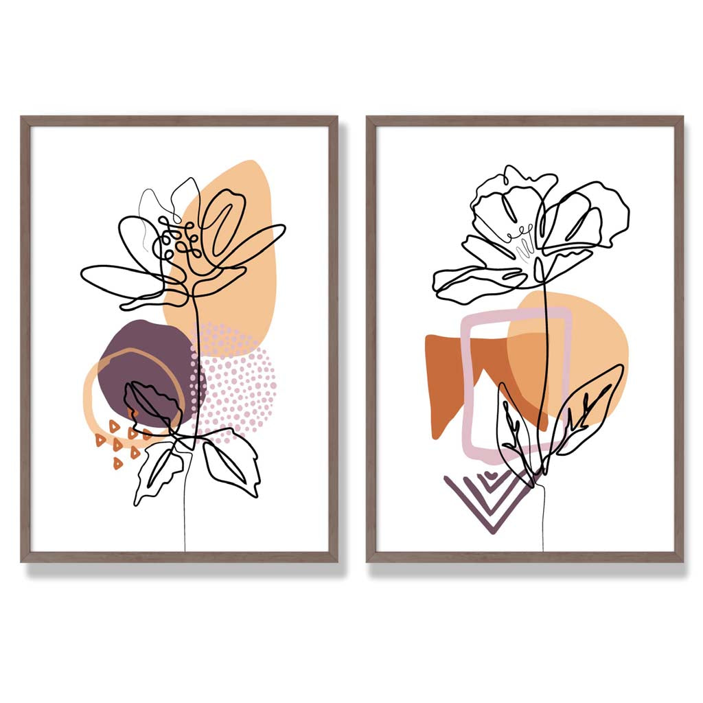Line Art Tulips with Purple Orange Shapes Set of 2 Art Prints with Walnut Frame