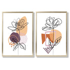 Line Art Tulips with Purple Orange Shapes Set of 2 Art Prints with Gold Frame