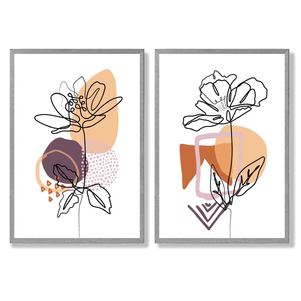 Line Art Tulips with Purple Orange Shapes Set of 2 Art Prints with Light Grey Frame