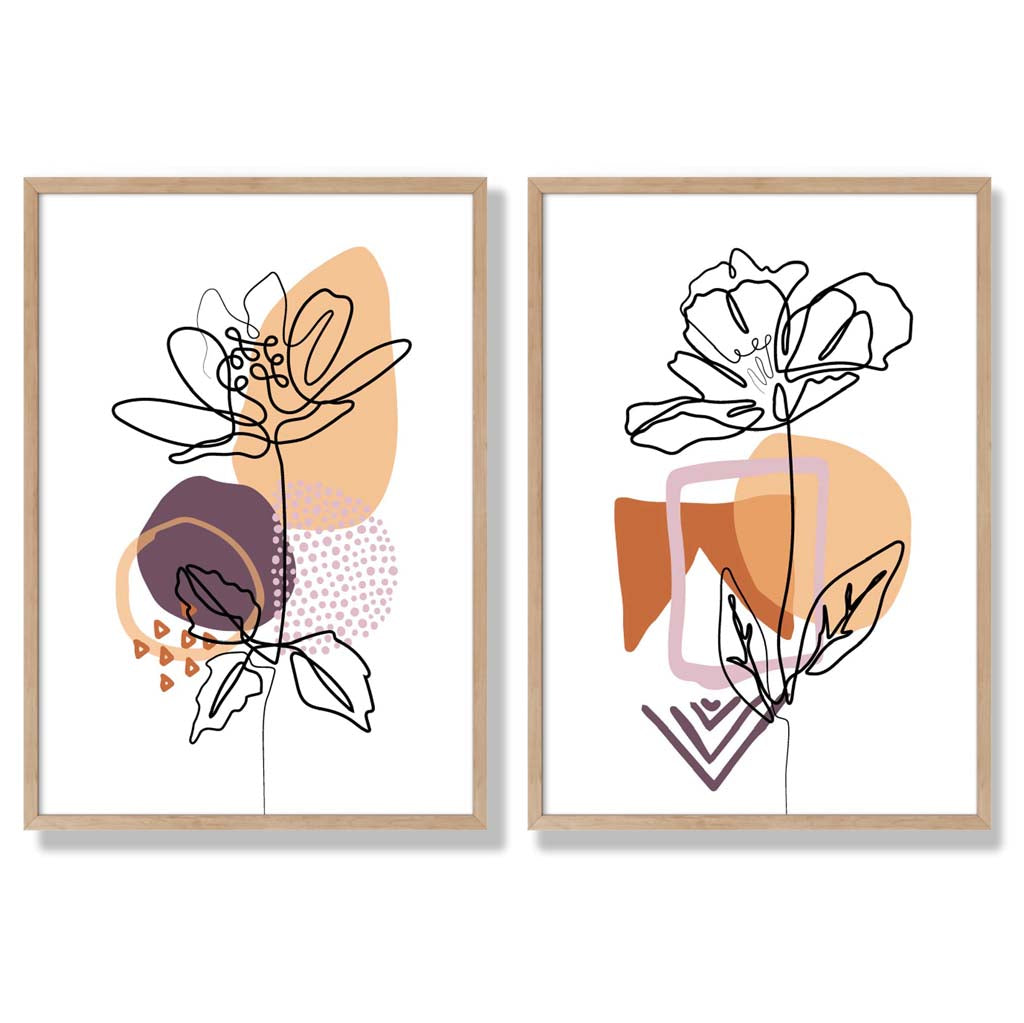 Line Art Tulips with Purple Orange Shapes Set of 2 Art Prints with Oak Frame