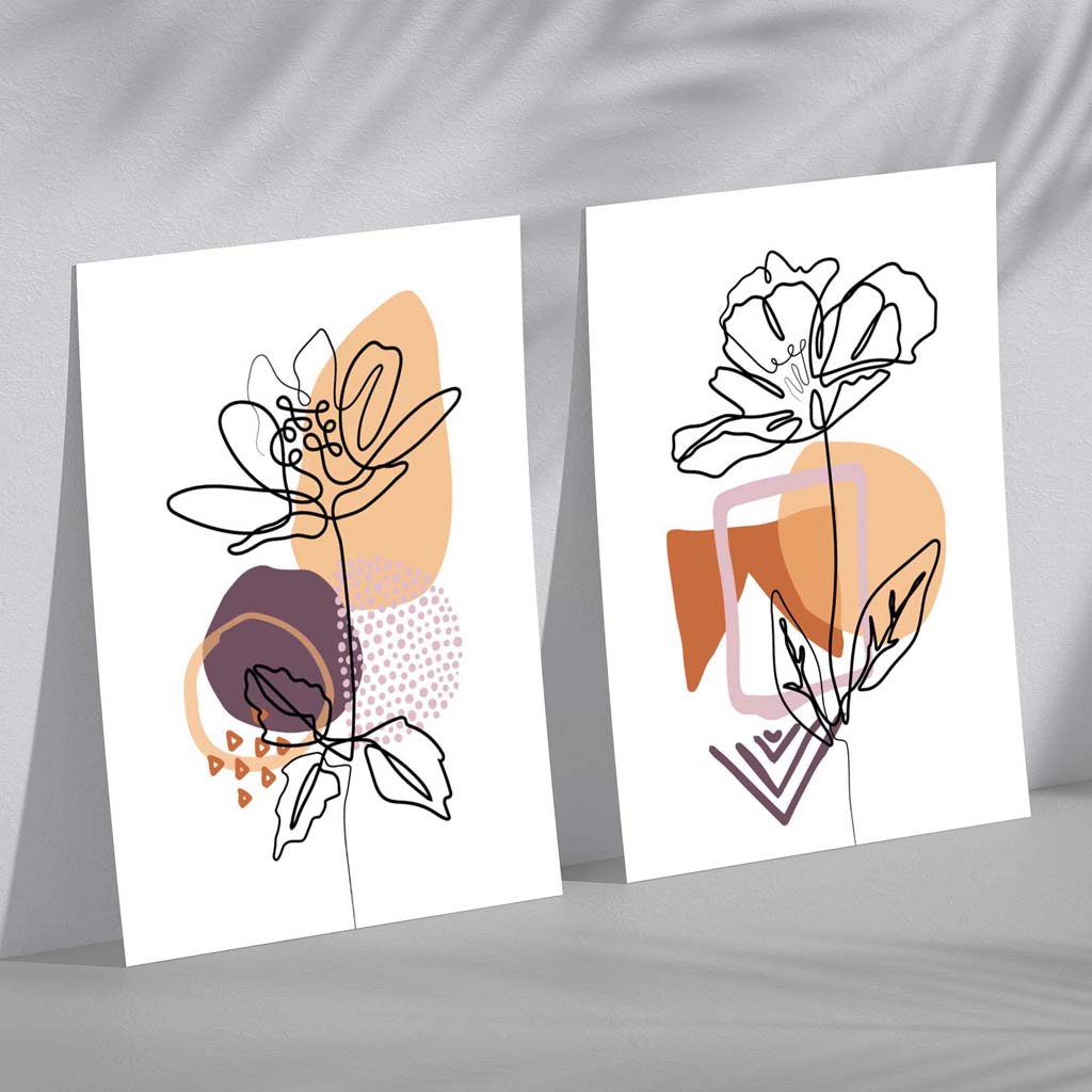 Line Art Tulips with Purple Orange Shapes Set of 2 Art Prints