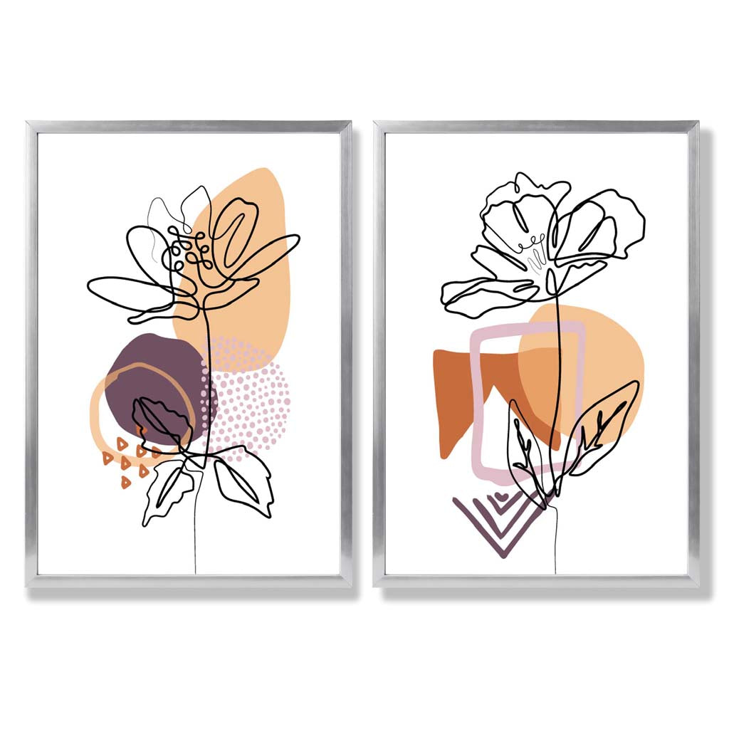 Line Art Tulips with Purple Orange Shapes Set of 2 Art Prints with Silver Frame