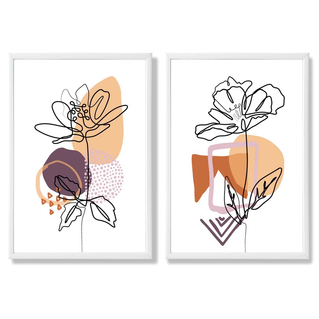 Line Art Tulips with Purple Orange Shapes Set of 2 Art Prints with White Frame
