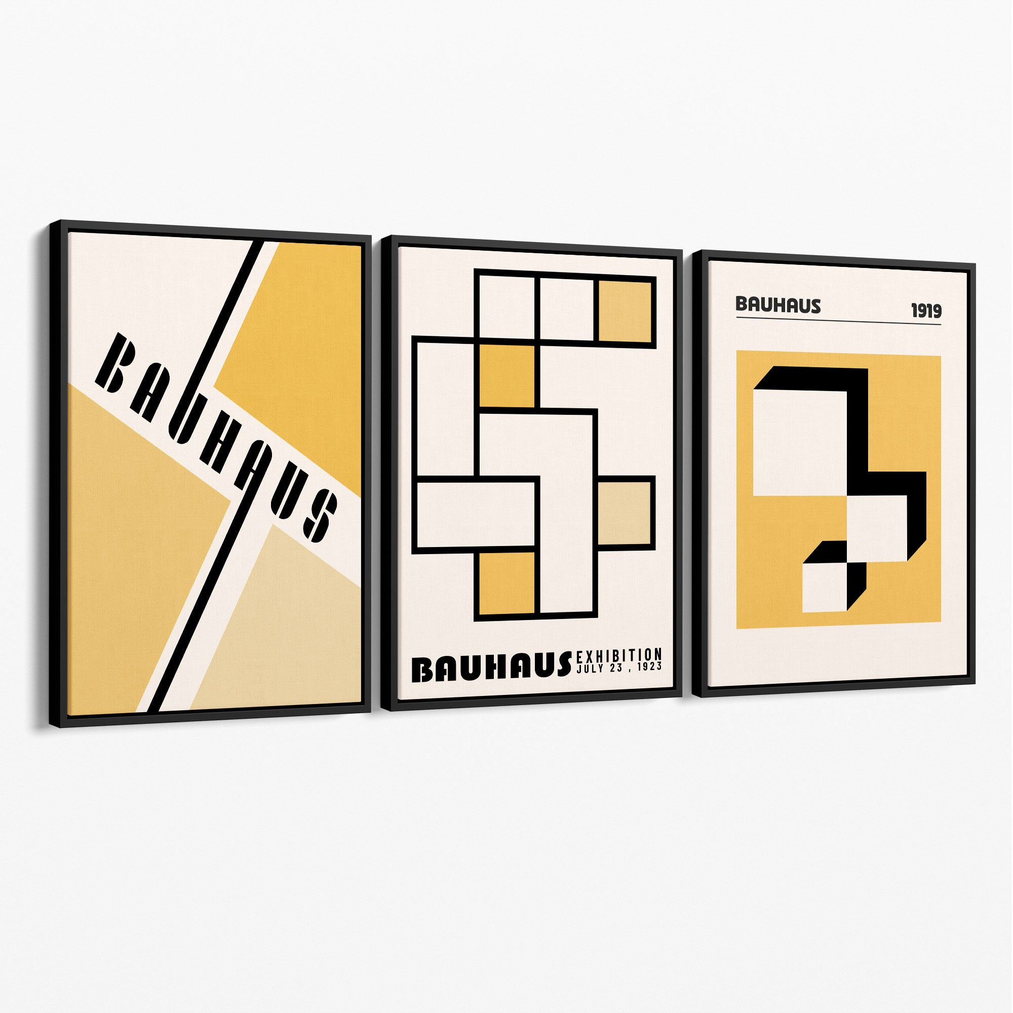 Set of 3 Yellow Bauhaus Squares Modern Canvas Prints with Black Float Frame