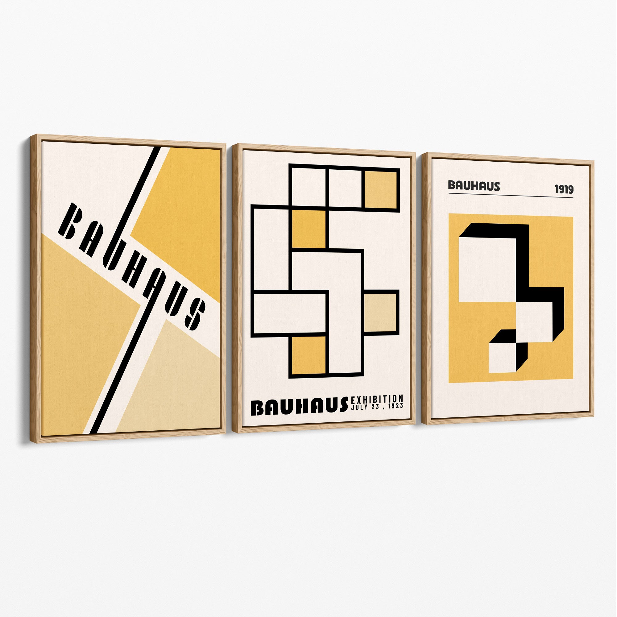 Set of 3 Yellow Bauhaus Squares Modern Canvas Prints with Oak Float Frame