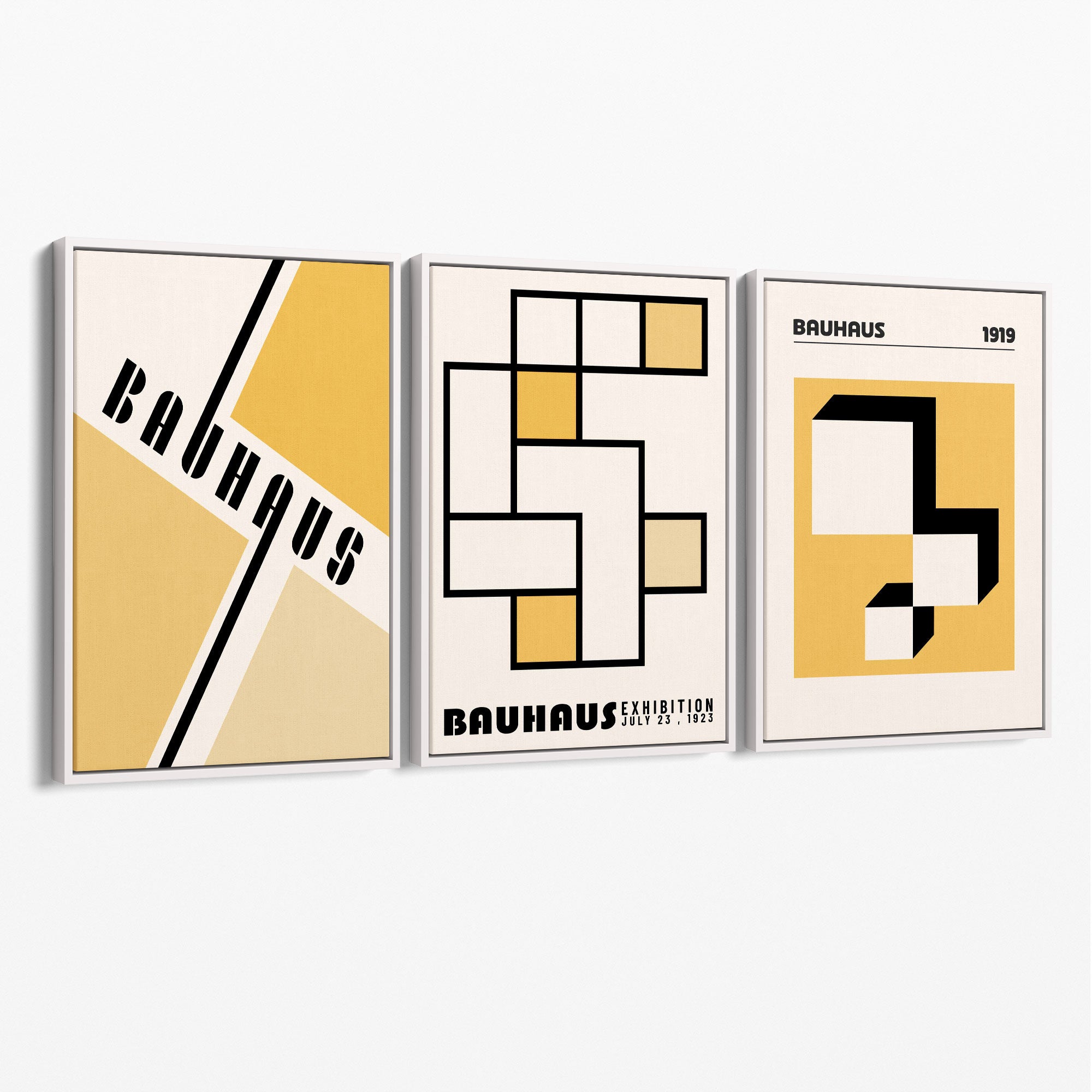 Set of 3 Yellow Bauhaus Squares Modern Canvas Prints with White Float Frame