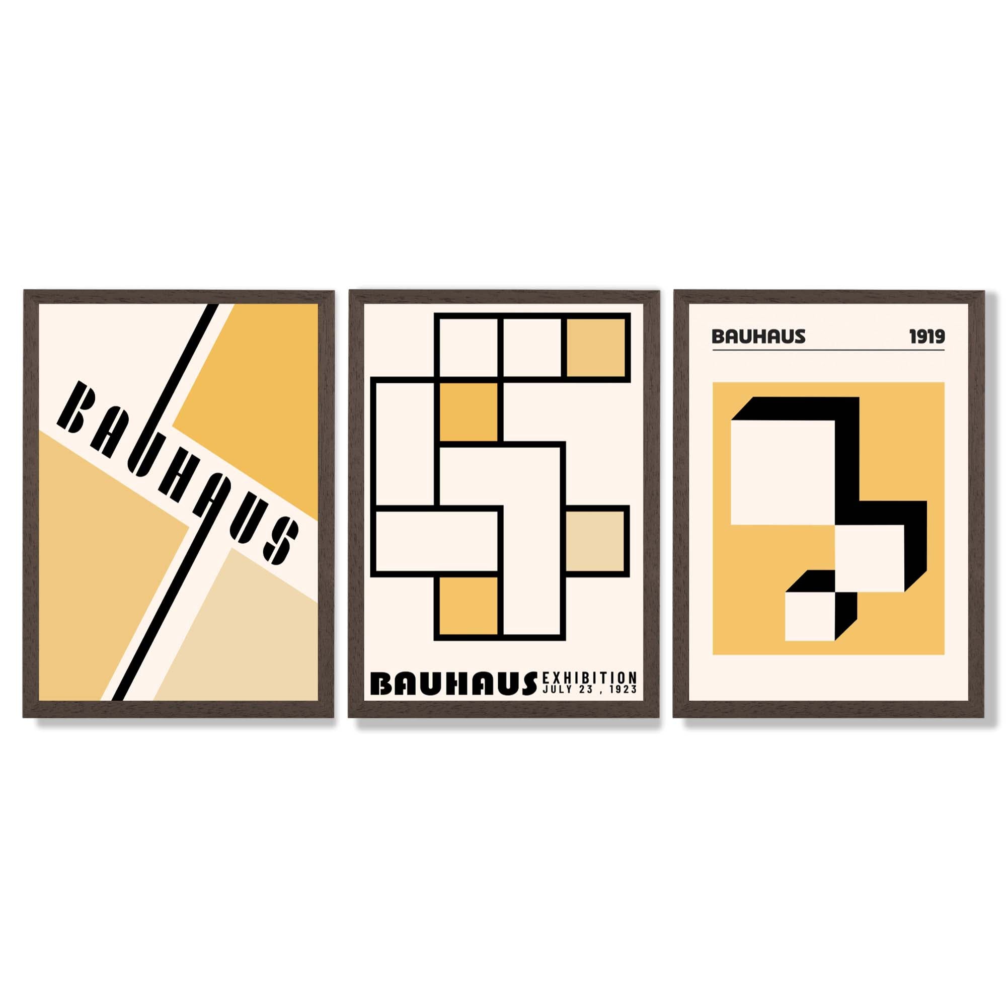 Set of 3 Yellow Bauhaus Squares Modern Framed Wall Art with Dark Wood Frames