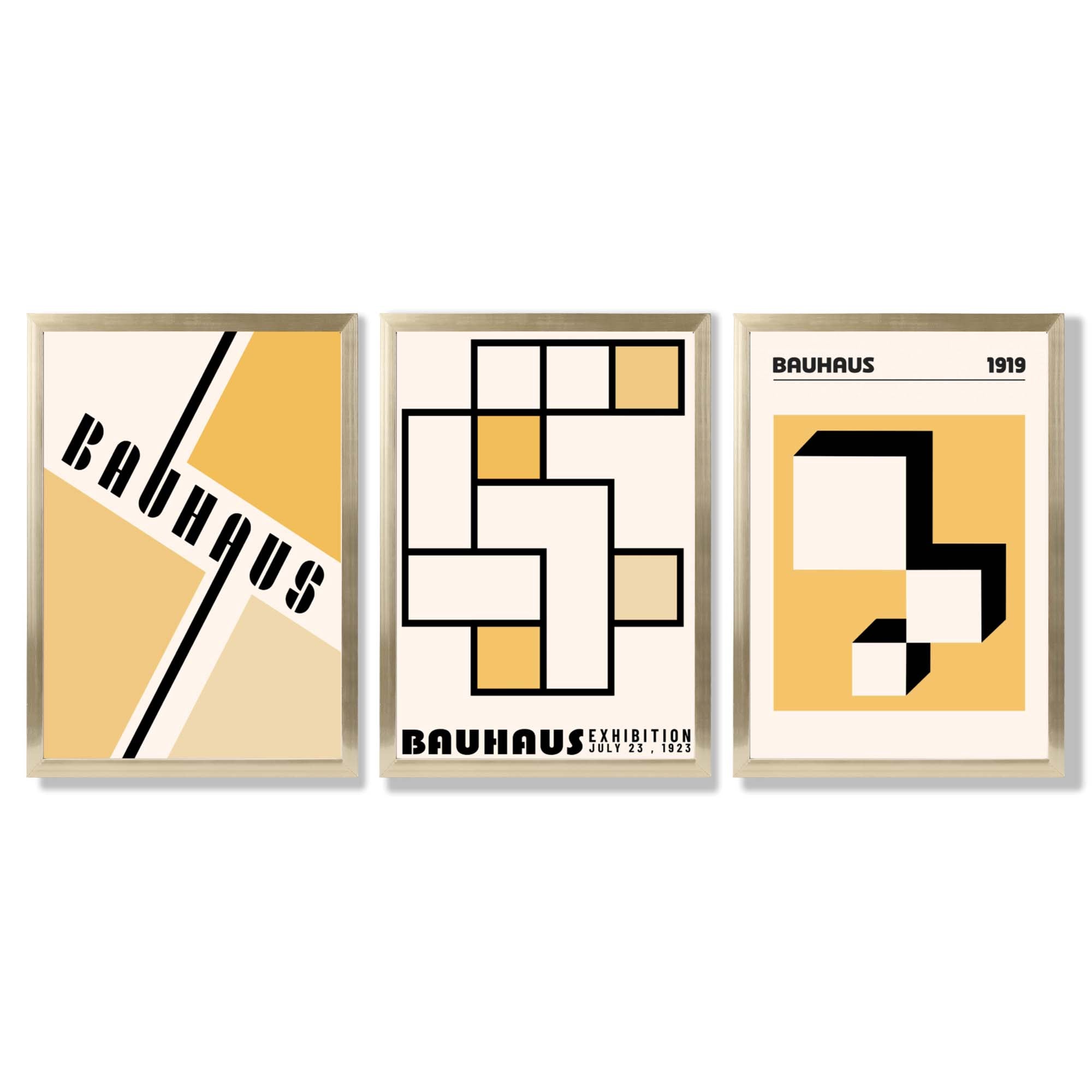 Set of 3 Yellow Bauhaus Squares Modern Framed Wall Art with Gold Wood Frames