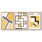 Set of 3 Yellow Bauhaus Squares Modern Framed Wall Art with Light Oak Frames