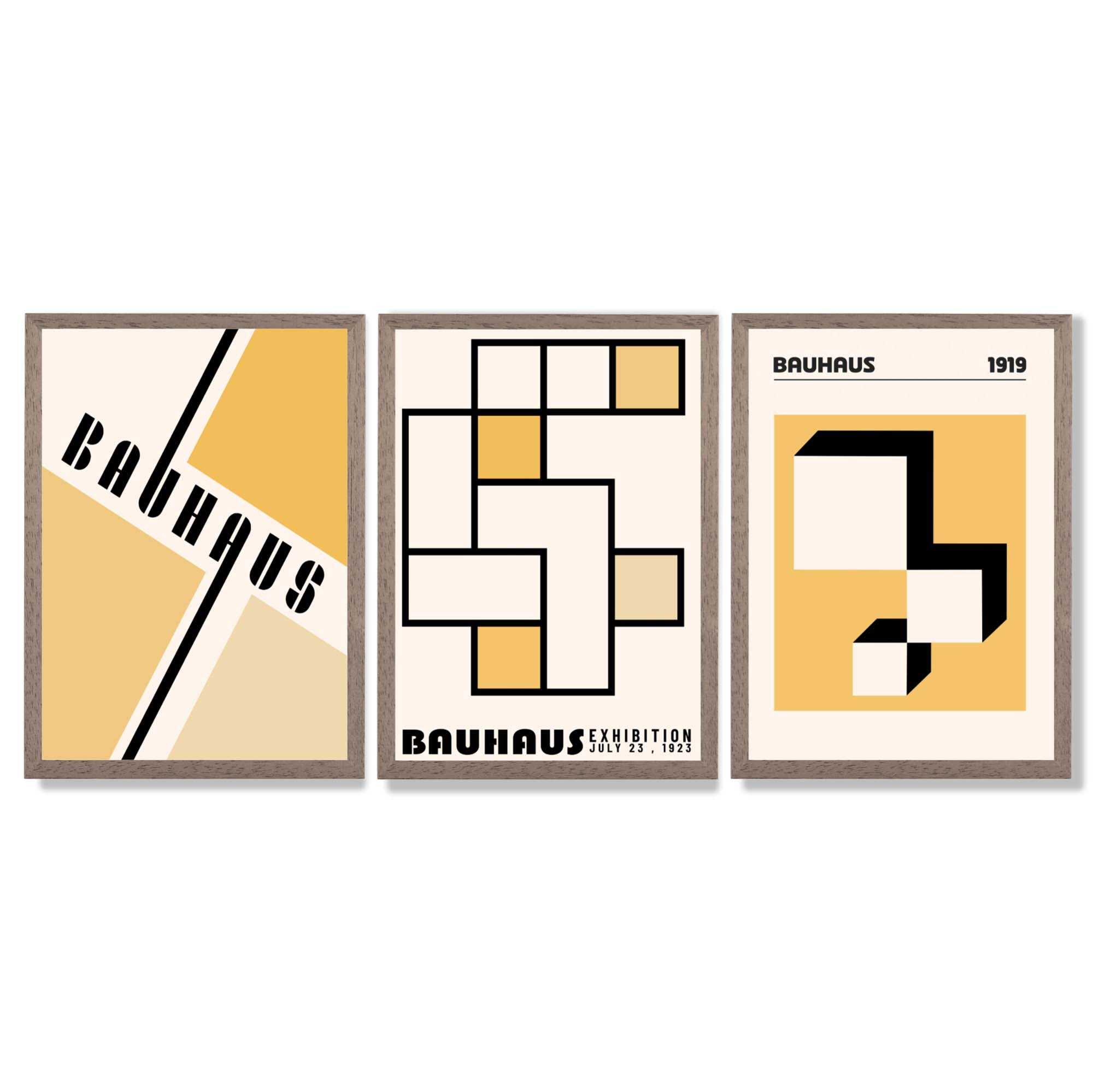 Set of 3 Yellow Bauhaus Squares Modern Framed Wall Art with Light Walnut Frames