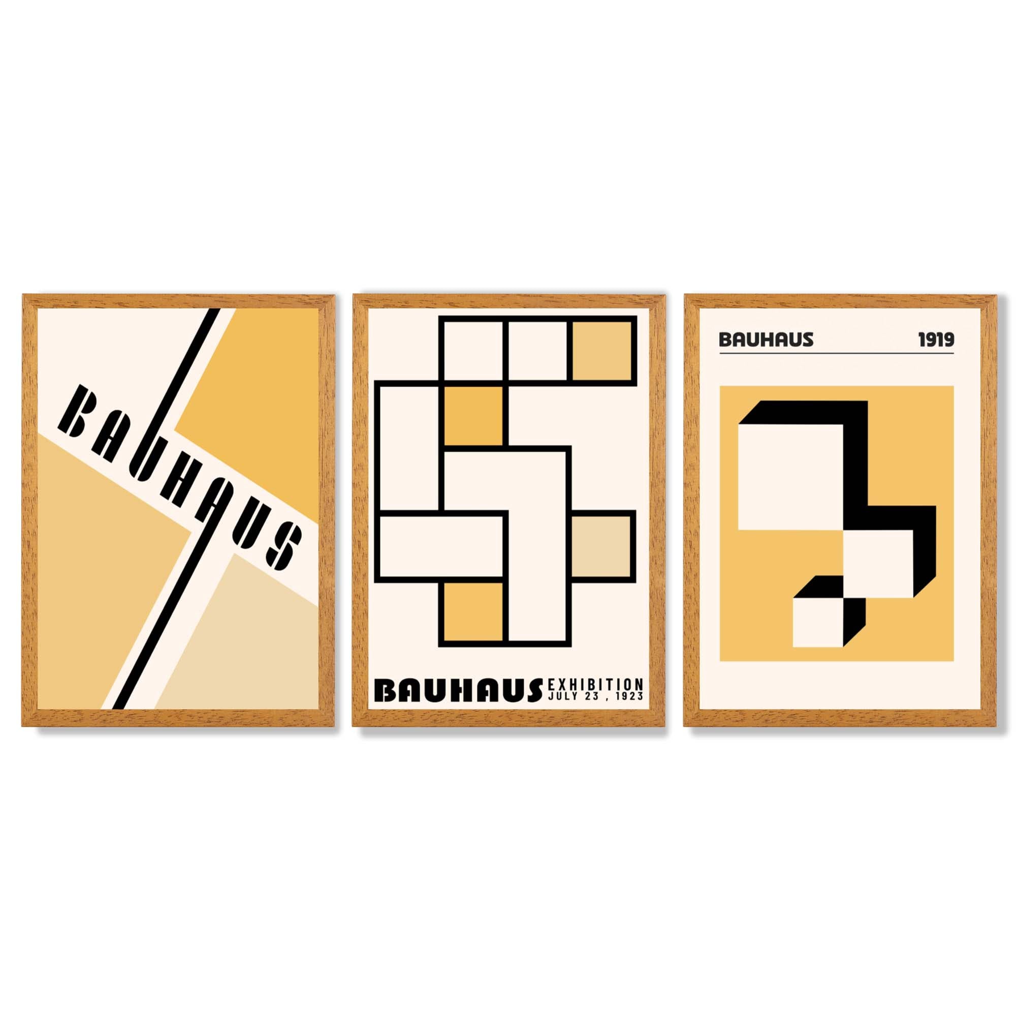 Set of 3 Yellow Bauhaus Squares Modern Framed Wall Art with Oak Wooden Frames