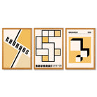 Set of 3 Yellow Bauhaus Squares Modern Framed Wall Art with Oak Wooden Frames