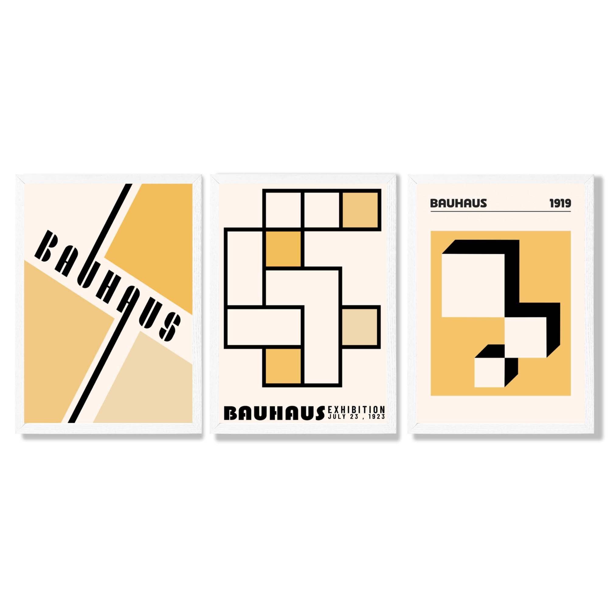 Set of 3 Yellow Bauhaus Squares Modern Framed Wall Art with White Wooden Frames