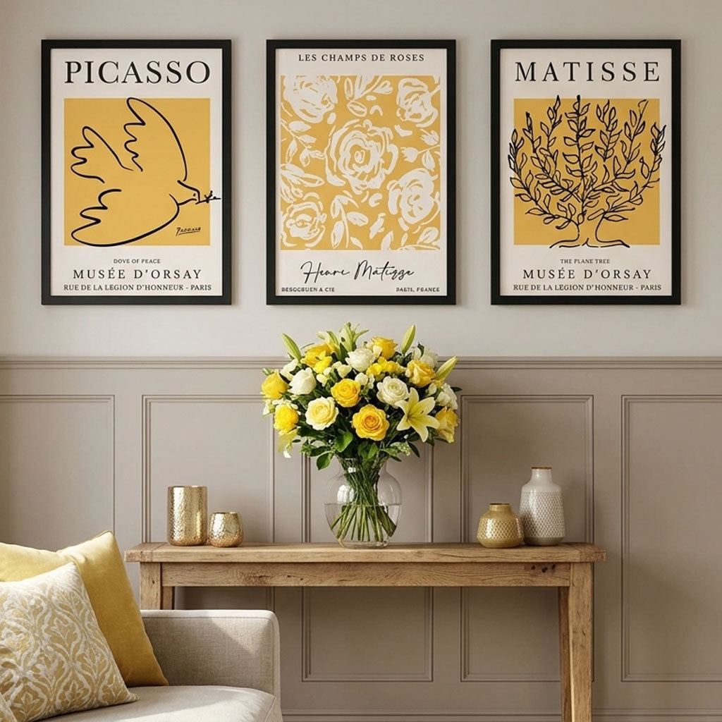 Set of 3 Picasso and Matisse Yellow Floral Framed Wall Art with Black Wooden Frames