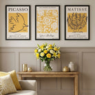 Set of 3 Picasso and Matisse Yellow Floral Framed Wall Art with Black Wooden Frames