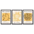 Set of 3 Picasso and Matisse Yellow Floral Framed Wall Art with Black Wooden Frames