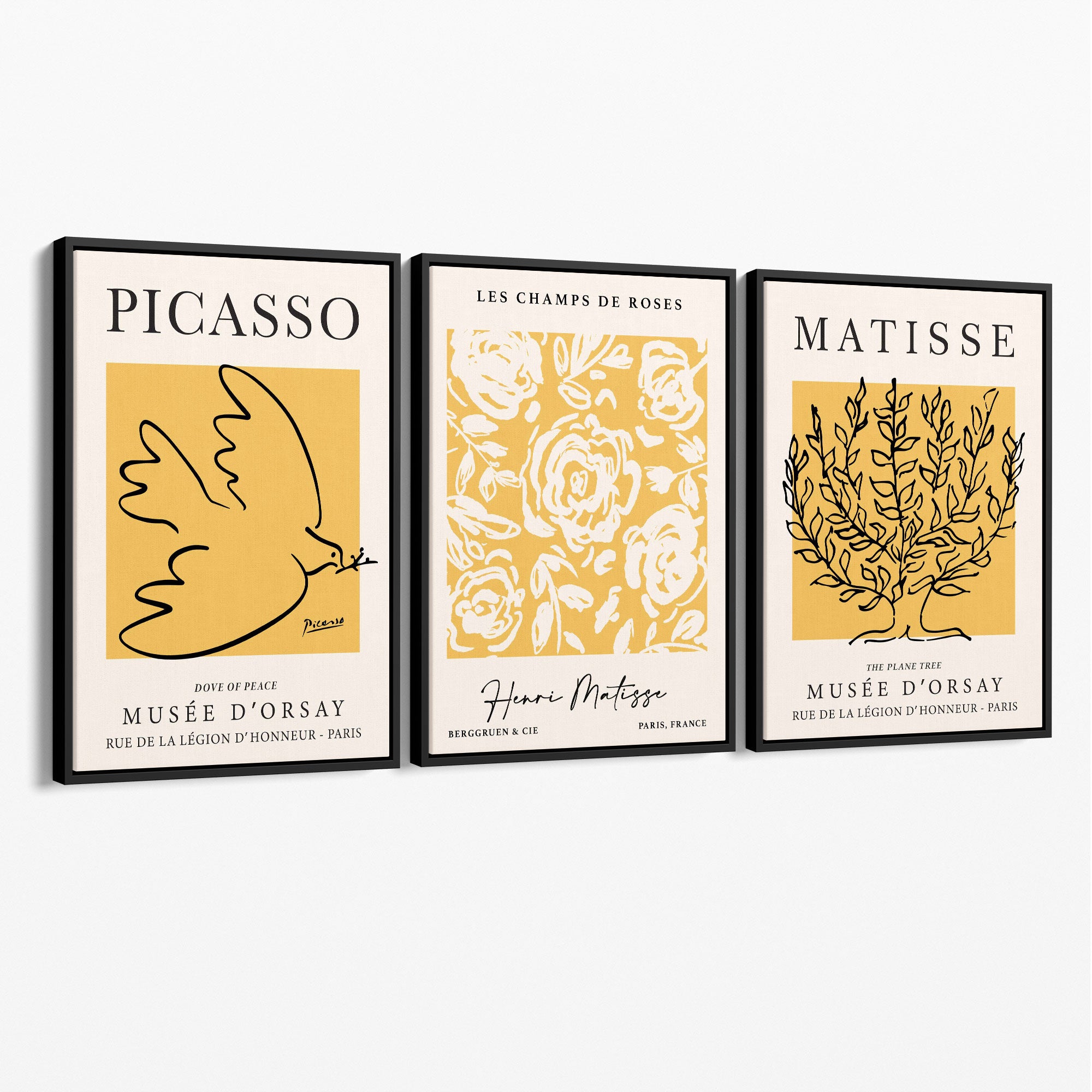 Set of 3 Picasso and Matisse Yellow Floral Canvas Prints with Black Float Frame