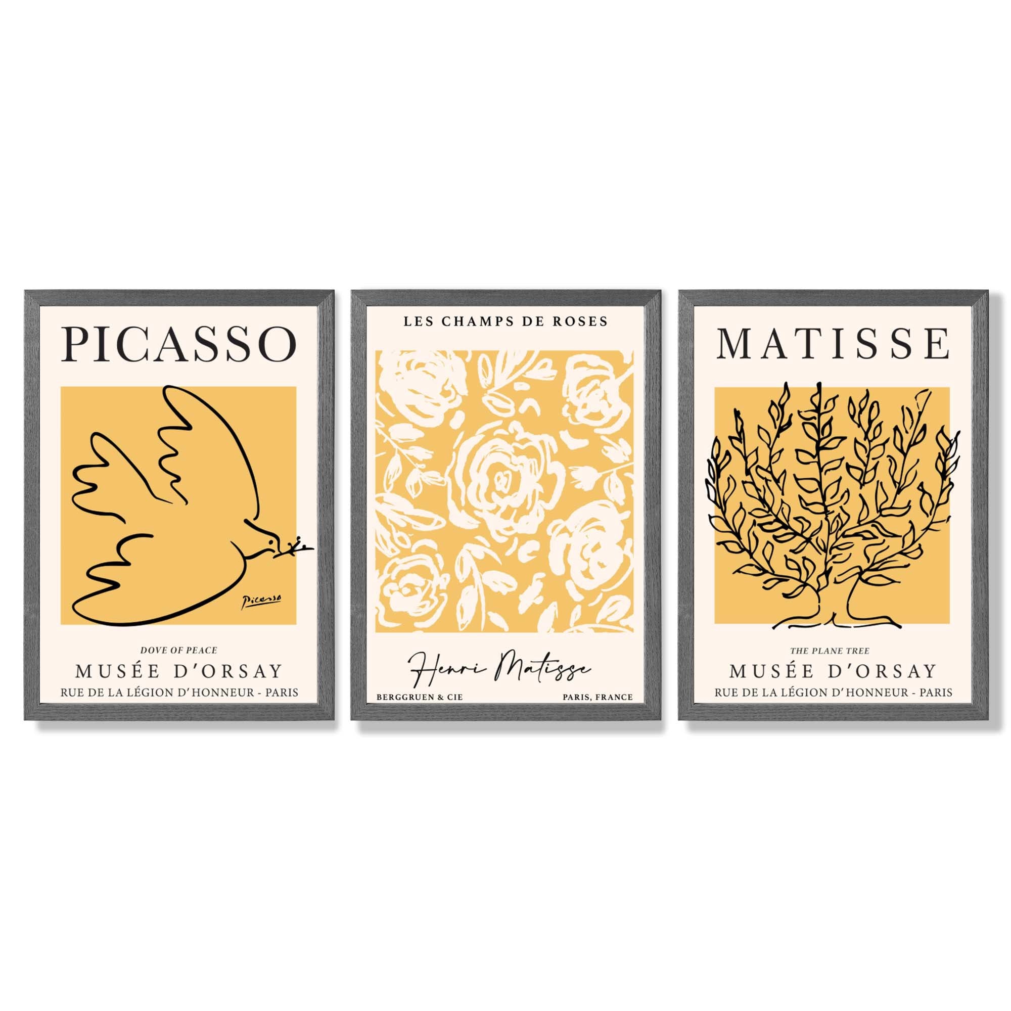 Set of 3 Picasso and Matisse Yellow Floral Framed Wall Art with Dark Grey Wooden Frames